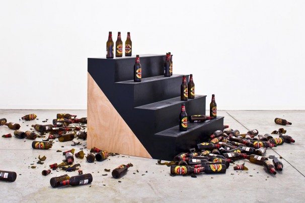 052Black Instrumental Anxiety_2011_Plywood, Industrial paint, sound shakers, beer bottles_