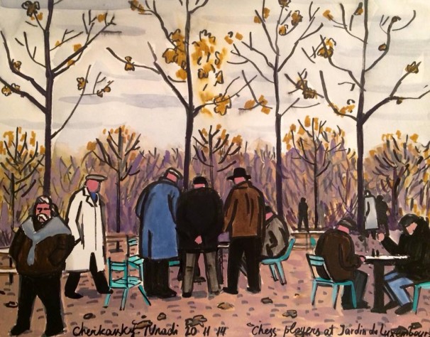 119Chess players at Jardin du Luxembourg_2014_Markers and watercolor on paper_15.5x20.5 cm